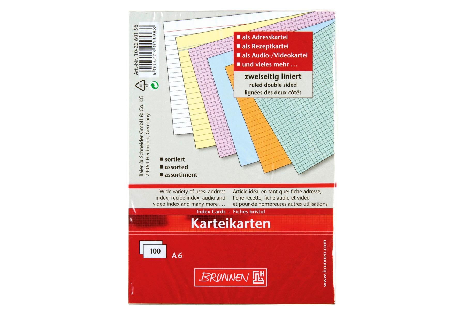 BRUNNEN Karteikarten A 6 liniert 100St 100er Pack - VPE: 10