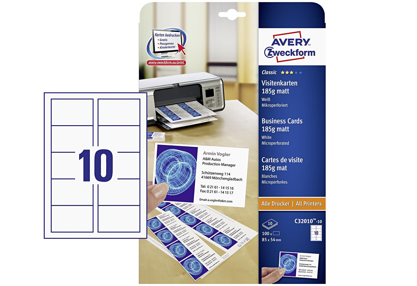 AVERY ZWECKFORM Visitenkarten matt 185g 10 Bl 40 Blatt