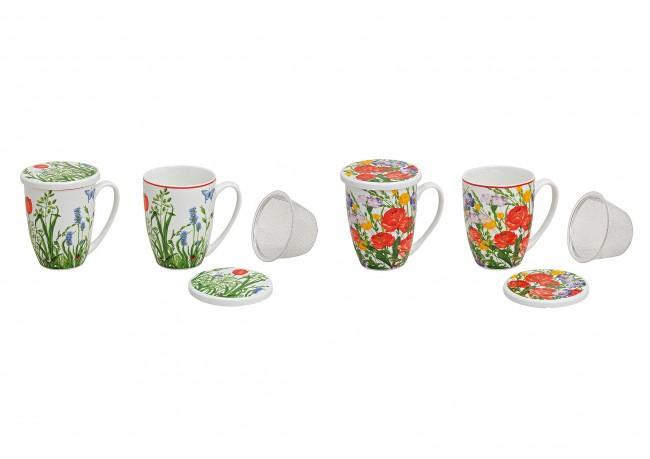 Teebecher Blume mit Deckel und Sieb 300 ml 11cm weiß/grün/rot - VPE: 4