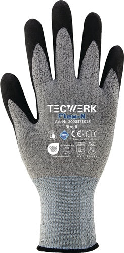 Handschuhe FlexN Gr.8 grau/schwarz EN 388 PSA II TECWERK - VPE: 12