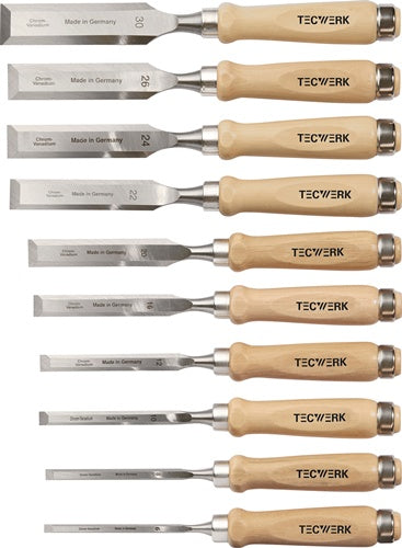 Stechbeitelsatz 6,8,10,12,16,20,22,24,26,30mm Weißbuchenh.Ulmer Form Krt. TW
