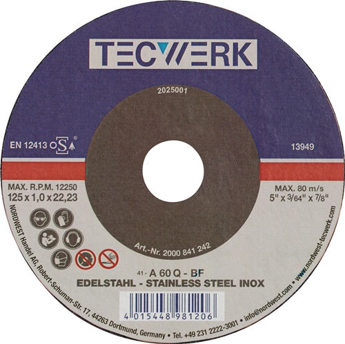 Trennscheibe INOX D125x1mm ger.INOX Bohr.22,23mm TECWERK - VPE: 25