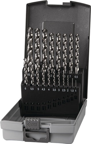 Spiralbohrersatz DIN 338 Typ UNI D.1-10x0,5mm HSS-Co 19-tlg.Ku.-Kass.TECWERK