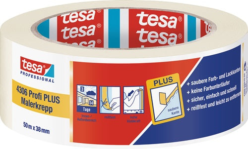 Malerkreppband 4306 Profi PLUS leicht gekreppt hellbeige Länge 50 m Breite 38 mm Rolle TESA - VPE: 8