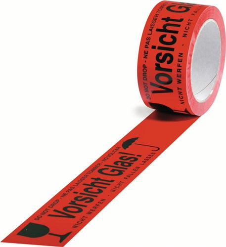 Warnklebeband PP Vorsicht Glas Länge 66 m Breite 50 mm rot Rolle TRANSPAK