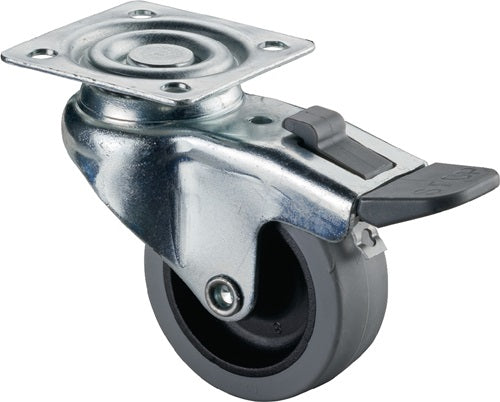 Lenkrolle mit Totalfeststeller Rad-Ø 50 mm Tragfähigkeit 35 kg mit Anschraubplatte Gleitlager Gummi grau BS ROLLEN
