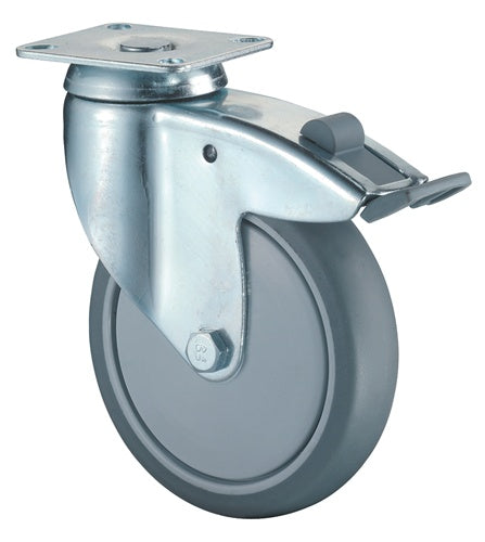 Lenkrolle mit Totalfeststeller Rad-Ø 100 mm Tragfähigkeit 80 kg mit Anschraubplatte Kugellager Gummi grau BS ROLLEN