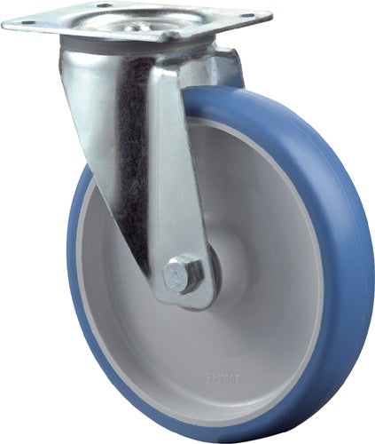Lenkrolle Rad-Ø 125 mm Tragfähigkeit 150 kg Polyurethan Platte L104xB80 mm Farbe Rolle blau BS ROLLEN
