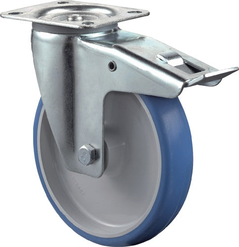 Lenkrolle Rad-Ø 125 mm Tragfähigkeit 150 kg mit Totalfeststeller Polyurethan 104x80mm blau BS ROLLEN