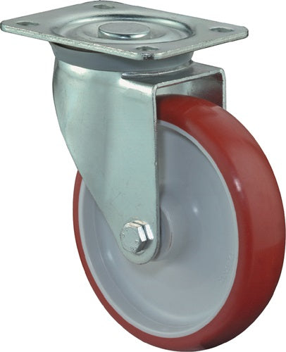 Lenkrolle Rad-Ø 150 mm Tragfähigkeit 240 kg Polyurethan Platte L135xB110 mm Farbe Rolle rot BS ROLLEN