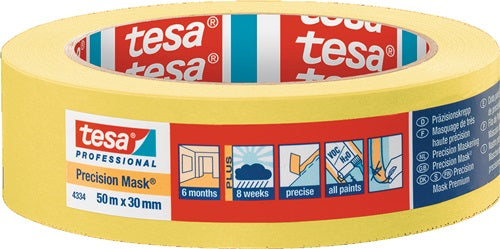 Präzisionskrepp 4334 glatt gelb Länge 50 m Breite 30 mm Rolle TESA - VPE: 5