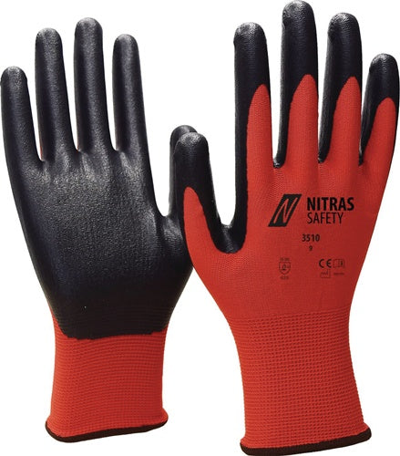 Handschuhe Nitril Foam Größe 8 rot/schwarz Nylon mit Nitrilschaum EN 388 PSA-Kategorie II NITRAS - VPE: 12
