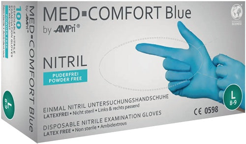 Einweghandschuhe Med Comfort Blue Größe M blau Nitril PSA-Kategorie III EN 21420 EN 374 EN 455 100 Stück / Box AMPRI