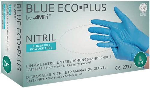 Einweghandschuhe Blue Eco Plus Größe M blau Nitril EN 374 EN 455 EN 21420 PSA-Kategorie I 100 Stück / Box AMPRI