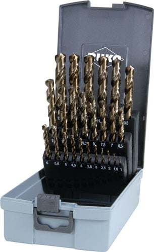 Spiralbohrersatz DIN 338 Typ VA Nenn-Ø 1-13x05 mm HSS-Co5 Gold 25 teilig Kunststoffkassette RUKO