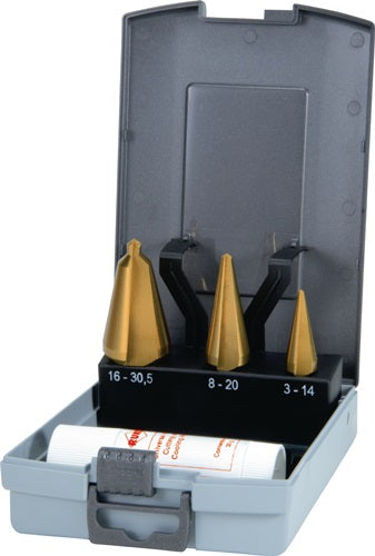 Blechschälbohrersatz 3-14 / 5-20 / 16-305 mm HSS-TiN 4 teilig ABS-Kunststoffkassette RUKO