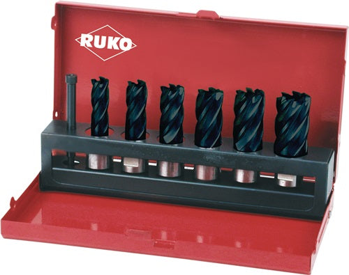 Kernbohrersatz 7 teilig Ø 12-14-16-18-20-22 mm HSS TiAlN-beschichtet Schnitttiefe 30 mm Weldon RUKO
