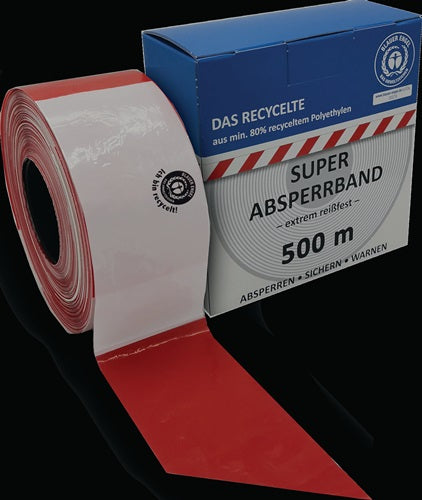 Absperrband Länge 500 m Breite 80 mm rot/weiß geblockt recycelt 500m/Karton KELMAPLAST