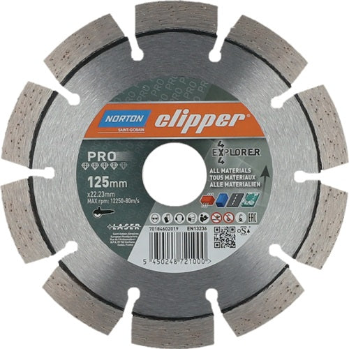 Diamanttrennscheibe 4 x 4 Explorer Ø 125 mm Bohrung 2223 mm Segmentbreite 22 mm Segmenthöhe 10 mm NORTON CLIPPER