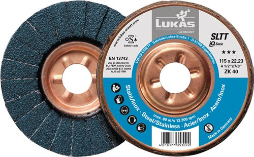 Fächerscheibe SLTT ZK Ø 125 mm Körnung 60 flach Stahl Zirkonkorund LUKAS - VPE: 10