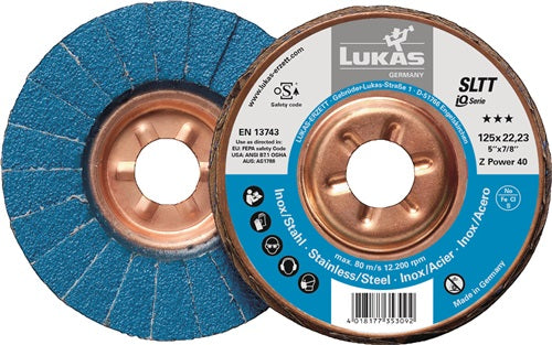 Fächerscheibe SLTT Z Power Ø 125 mm Körnung 40 flach INOX Zirkonkorund LUKAS - VPE: 10