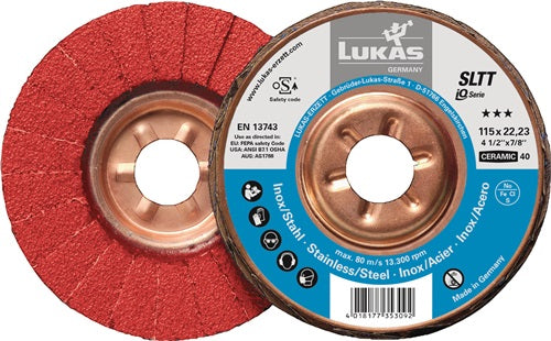 Fächerscheibe SLTT Ceramic Ø 125 mm Körnung 60 flach INOX/Stahl Keramikkorn CO LUKAS - VPE: 10