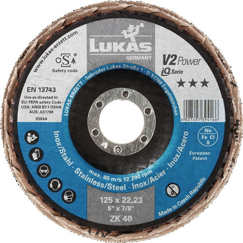 Fächerscheibe V2 POWER ZK Ø 125 mm Körnung 40 flach Stahl Zirkonkorund 10 LUKAS - VPE: 10