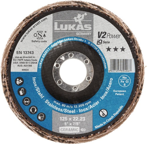 Fächerscheibe V2 POWER CER Ø 125 mm Körnung 40 flach INOX Stahl Titan CER (Ceramic-Korn) 10 LUKAS - VPE: 10