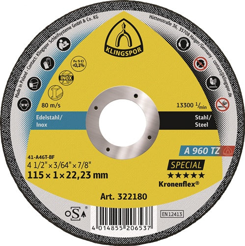 Trennscheibe A 960 TZ Special D115x1mm gerade INOX Bohrung 2223 mm KLINGSPOR - VPE: 25