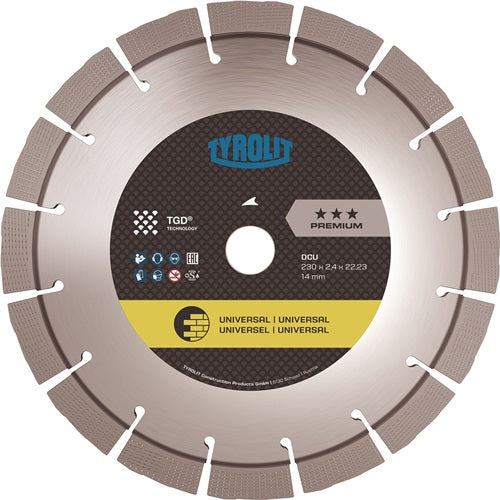 Diamanttrennscheibe Premium DCU Ø 230 mm Bohrung 2223 mm TGD® Technologie Segmenthöhe 14 mm Segmentstärke 24 mm TYROLIT