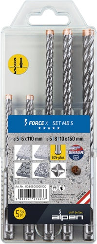 Hammerbohrersatz Force X 5-teilig SDS-plus Kunststoffbox ALPEN