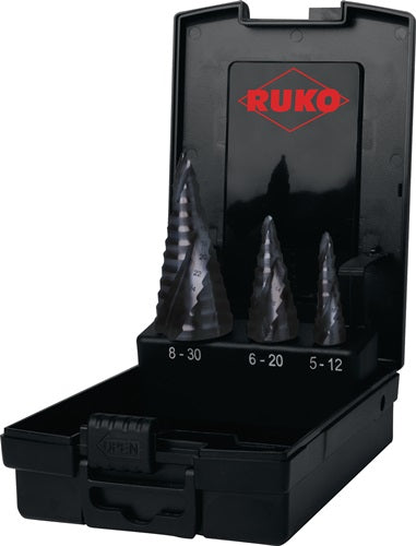 Stufenbohrersatz ULTIMATECUT Ø 5-12/6-20/8-30 mm HSS spiralgenutet 3-teilig Kunststoffkassette RUKO
