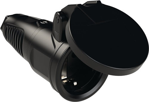 Schutzkontaktkupplung 10-/16 A 250 V schwarz IP54 VollgummimFederklappdeckel