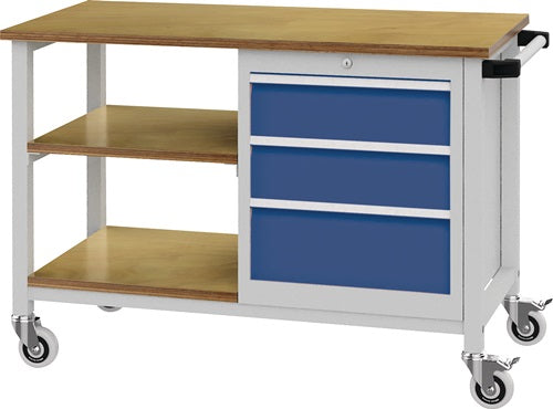 Werkbank B1200xT540xH880mm Buche Multiplex lichtgrau / signalblau 3 Schubladen – Power und Handel