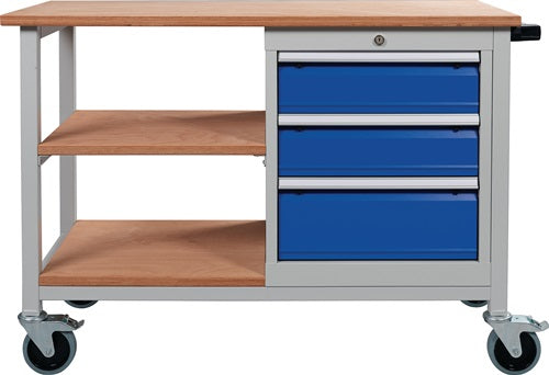 Werkbank B1200xT540xH880mm Buche Multiplex lichtgrau / signalblau 3 Schubladen – Power und Handel – Ansicht 3