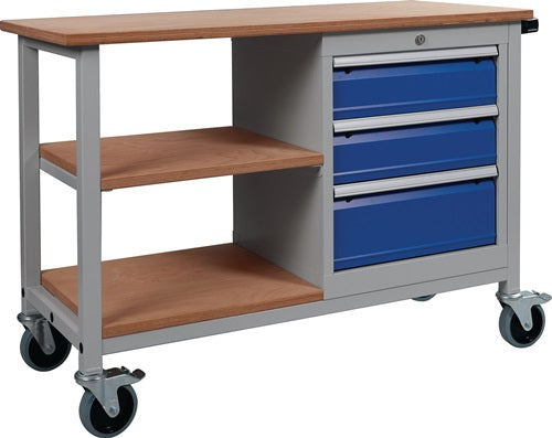 Werkbank B1200xT540xH880mm Buche Multiplex lichtgrau / signalblau 3 Schubladen – Power und Handel – Ansicht 2