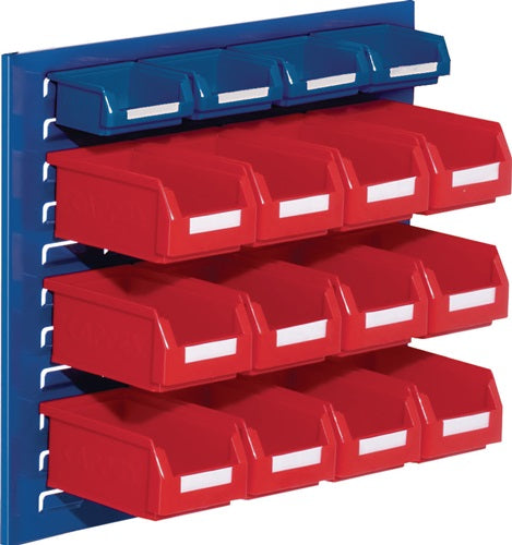 Sichtlagerkastenset H450xB500xT250mm Stahlblech/Polyethylen Kunststoffbeschichtung blau + rot 12 x Gr7 rot / 4 x Gr8 blau