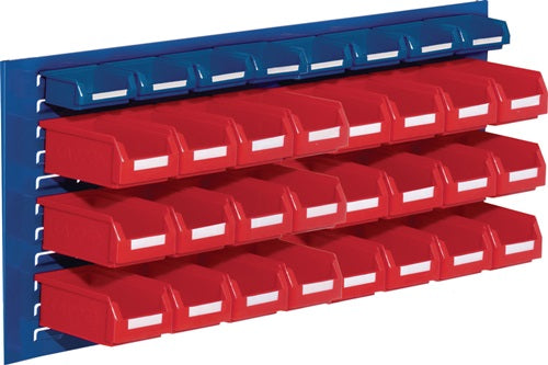 Sichtlagerkastenset H450xB1000xT250mm Stahlblech/Polyethylen Kunststoffbeschichtung blau + rot 24 x Gr7 rot / 8 x Gr 8 blau