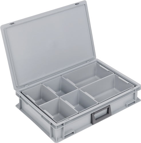 Kunststoffkoffür L600xB400xH133 mm PP 1 Griff 6 Einsatzkästen+Schiebeverschluss grau 24 l LOCKweißER