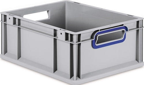 Transportstapelbehälter L400xB300xH170mm grau PP offener Griff blau Seitenwände geschlossen ALLIT