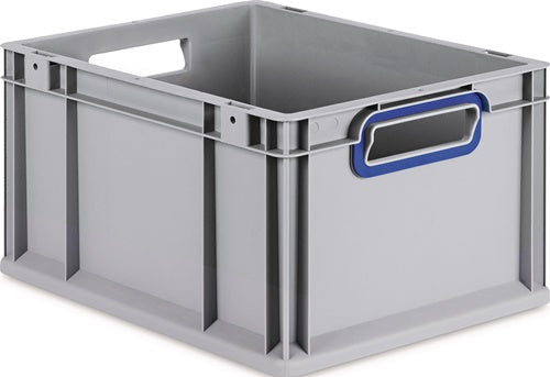 Transportstapelbehälter L400xB300xH220mm grau PP offener Griff blau Seitenwände geschlossen ALLIT