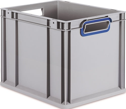 Transportstapelbehälter L400xB300xH320mm grau PP offener Griff blau Seitenwände geschlossen ALLIT