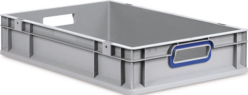 Transportstapelbehälter L600xB400xH120mm grau PP offener Griff blau Seitenwände geschlossen ALLIT