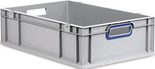 Transportstapelbehälter L600xB400xH170mm grau PP offener Griff blau Seitenwände geschlossen ALLIT