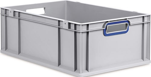 Transportstapelbehälter L600xB400xH220mm grau PP offener Griff blau Seitenwände geschlossen ALLIT