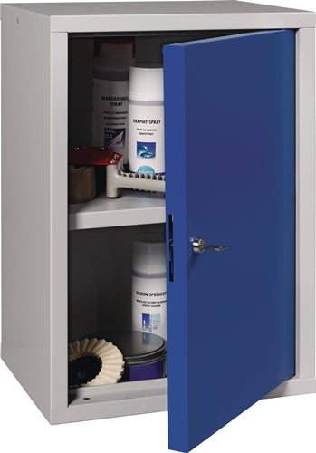 Hängeschrank H600xB400xT300 mm Vollblech 1 Boden Stahlblech lichtgrau RAL 7035/enzianblau RAL 5010 – Ansicht 2