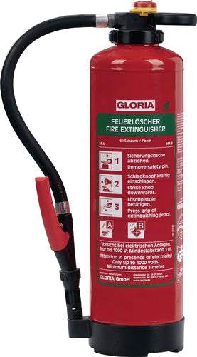 Schaumfeuerlöscher 6 l Aufladegerät Brandklasse A 34 A 144 B mit Wandhalter GLORIA