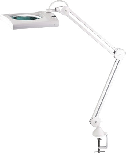LED-Lupenleuchte Glaslinse 1905 (75?) Tischklemme weiß mit Abdeckung eckiger Kopf