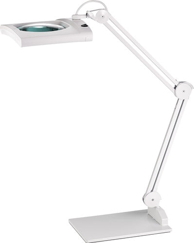 LED-Lupenleuchte Glaslinse 1905 (75?) Standfuß weiß mit Abdeckung eckiger Kopf