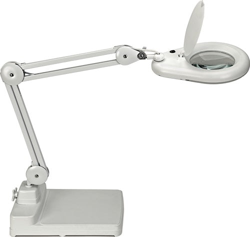LED-Lupenleuchte Glaslinse 127 (5 ?) Standfuß weiß mit Abdeckung runder Kopf